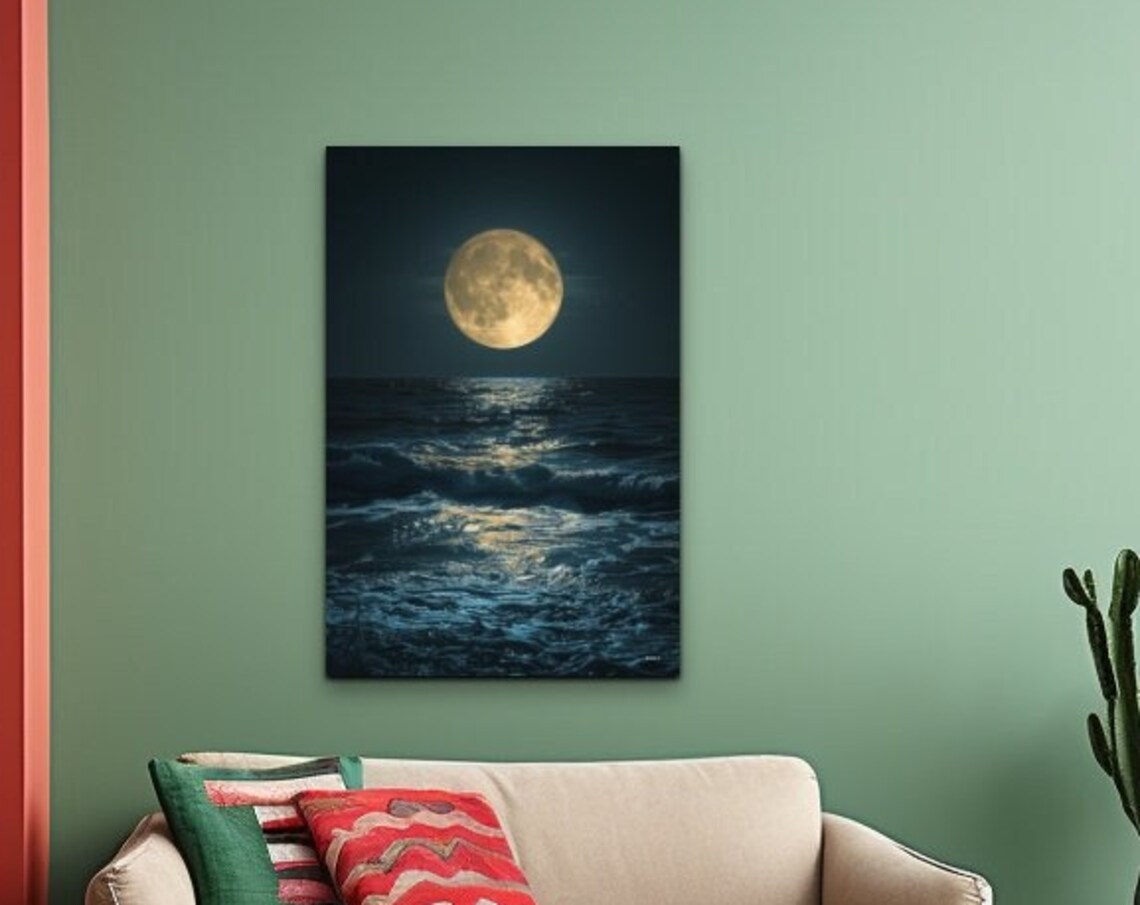 Full Moon Over Ocean Waves Night Sea Photography Panorama Wall Art