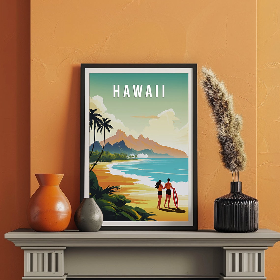 Hawaii Beach Surfers Golden Sand Palm Trees Retro Travel Poster - Image 2