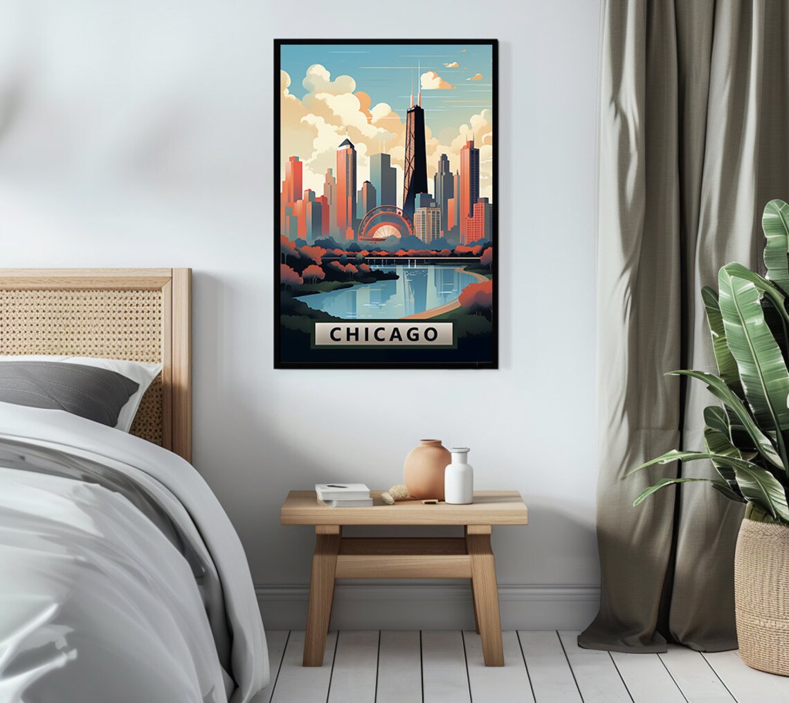 Chicago Illinois Skyline River Clouds Retro Travel Art Poster - Image 2
