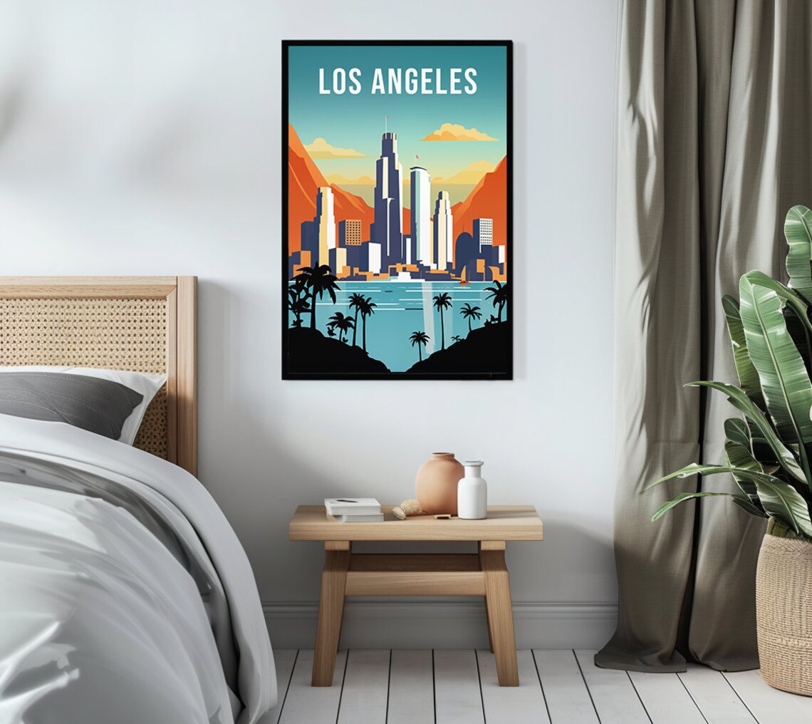 Los Angeles Skyline Palm Trees Sunset Retro City Travel Poster - Image 3