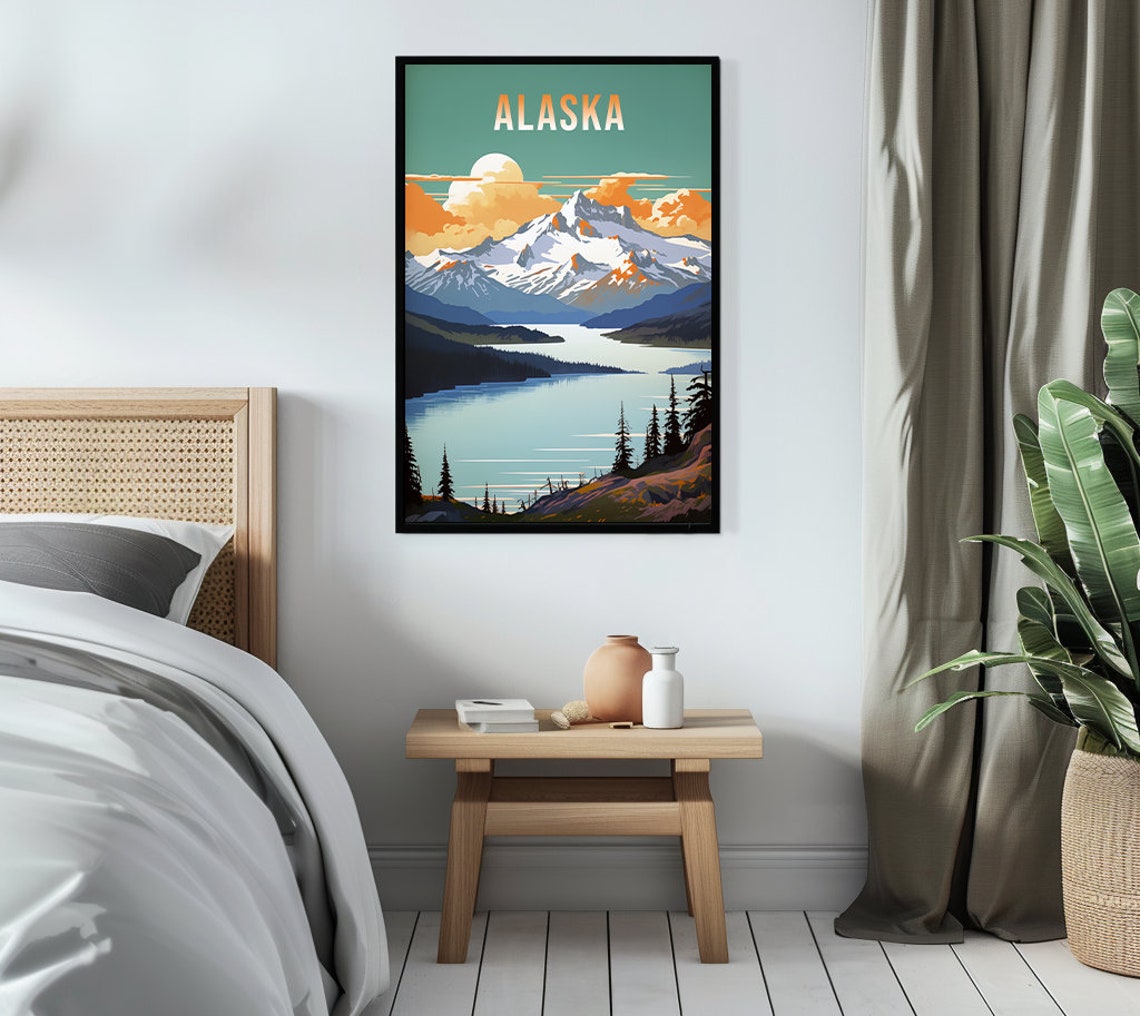 Alaska Snow Capped Mountains Lakeside Forest Vintage Travel Poster - Image 3