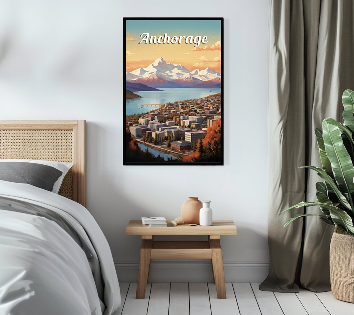 Anchorage Alaska Snow Peak City Skyline Vintage Sunset Travel Poster - Image 3