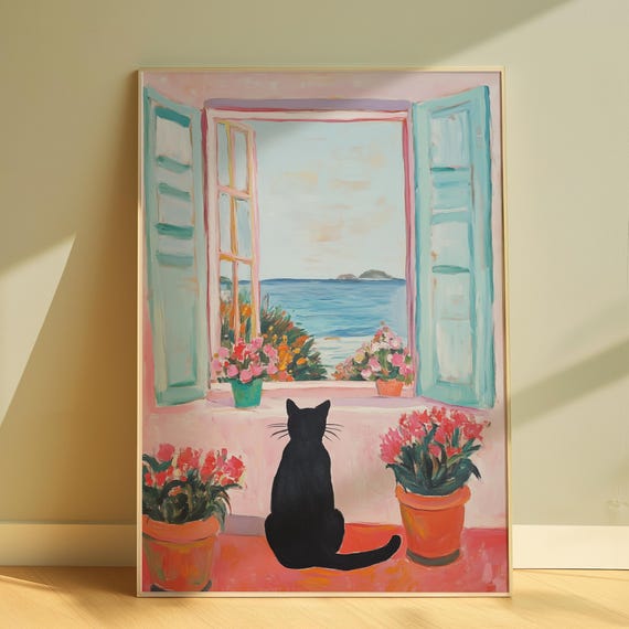Cozy Cat Matisse Style Art Print, Coastal