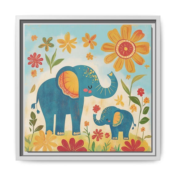 Whimsical Nursery Print Wall Art Boho Decor Floral Elephant Painting Multicolor Kids Room