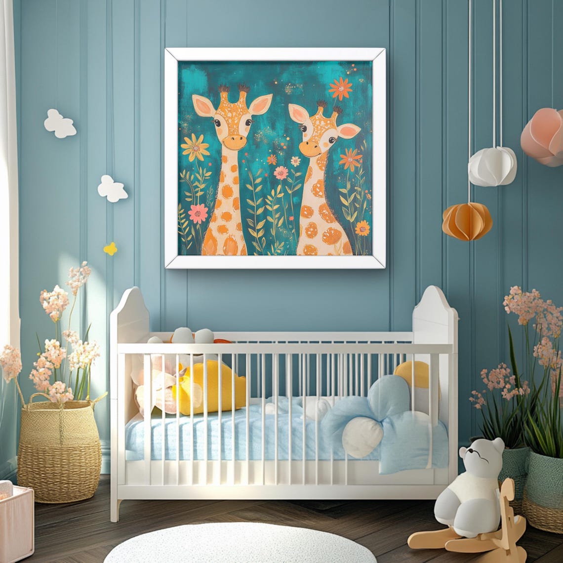 Two Cute Giraffes Teal Floral Nursery Kids Room Whimsical Art Poster
