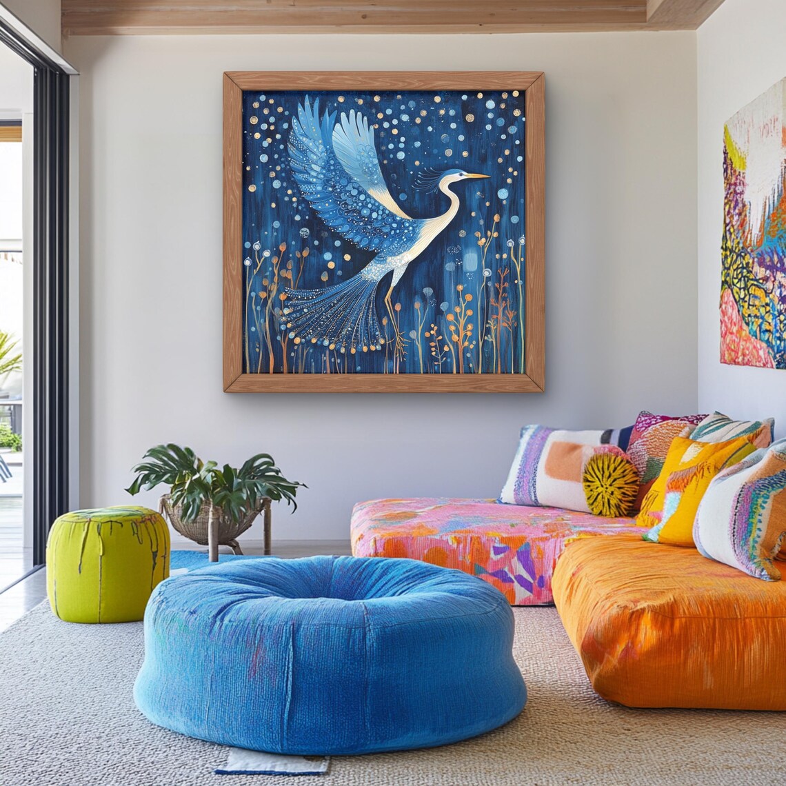 Blue Heron Whimsical Art Nouveau Wall Art Print