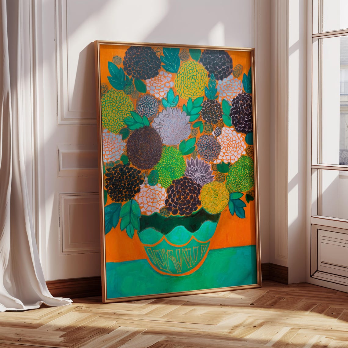 Orange Chrysanthemum Bouquet Green Vase Bold Modern Floral Wall Poster