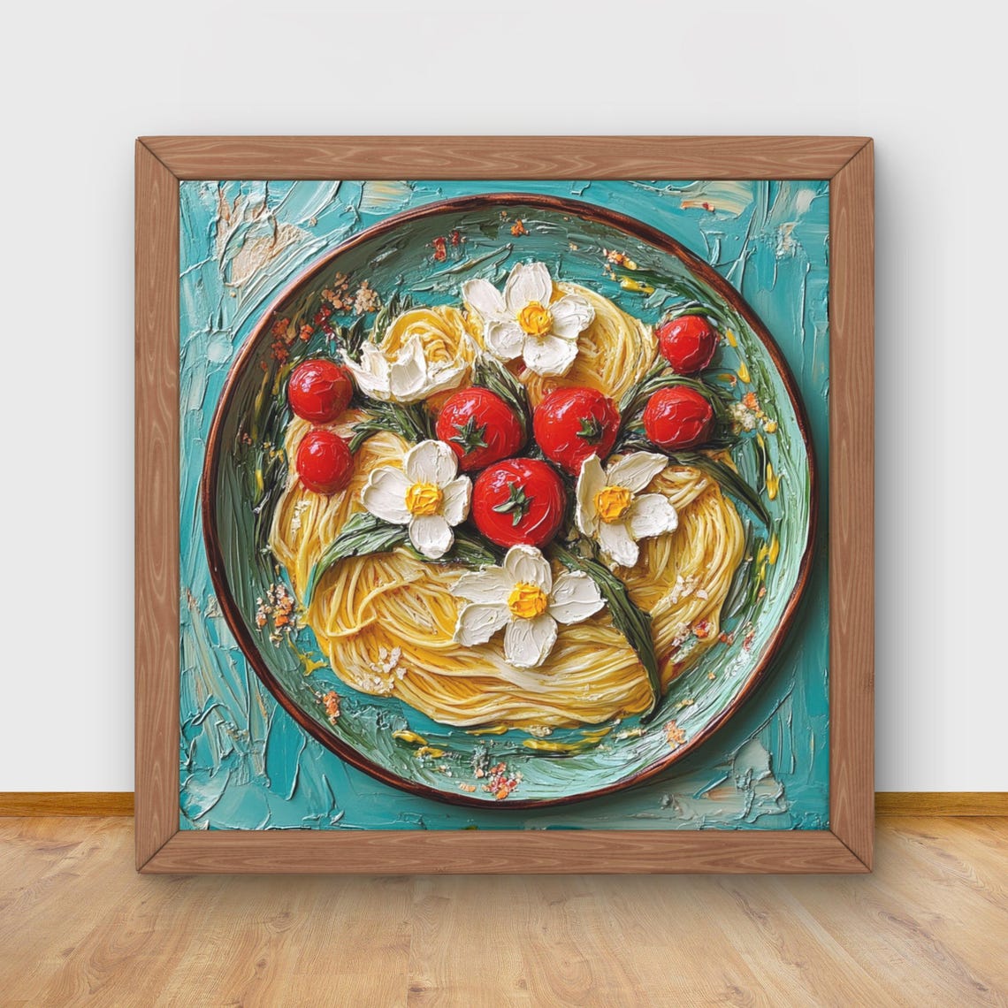 Pasta Plate Tomatoes Flowers Impasto Oil Painting Kitchen Poster
