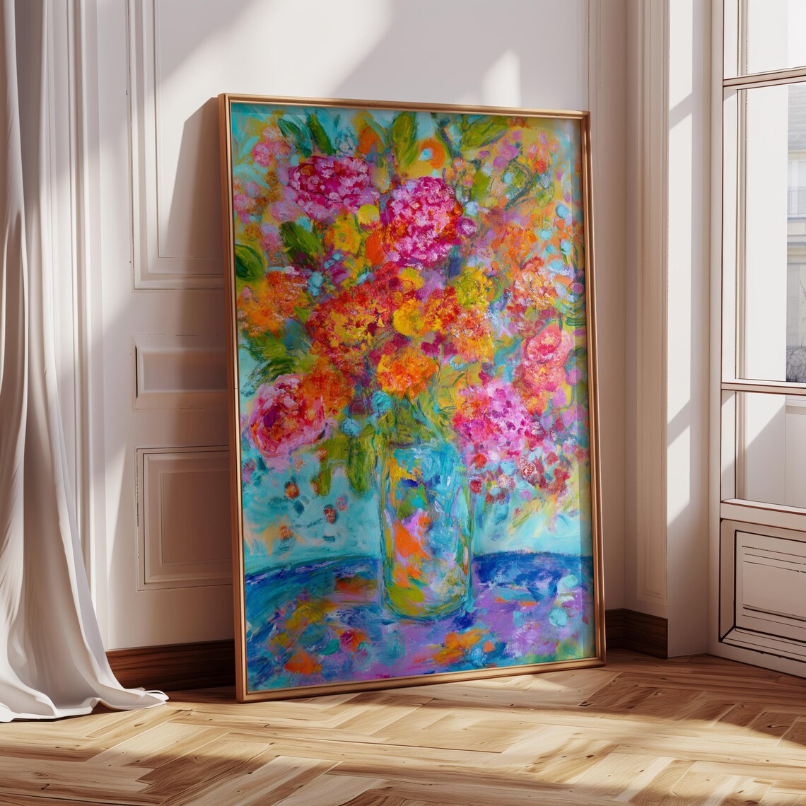 Bright Impressionist Flower Bouquet Pink Orange Blooms Colorful Art Poster