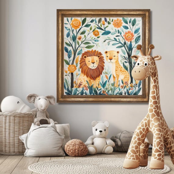 Whimsical Lion Wall Art Print Boho Safari Nursery Decor Jungle Animal Artwork For Kids Room Colorful Natureinspired Illustration