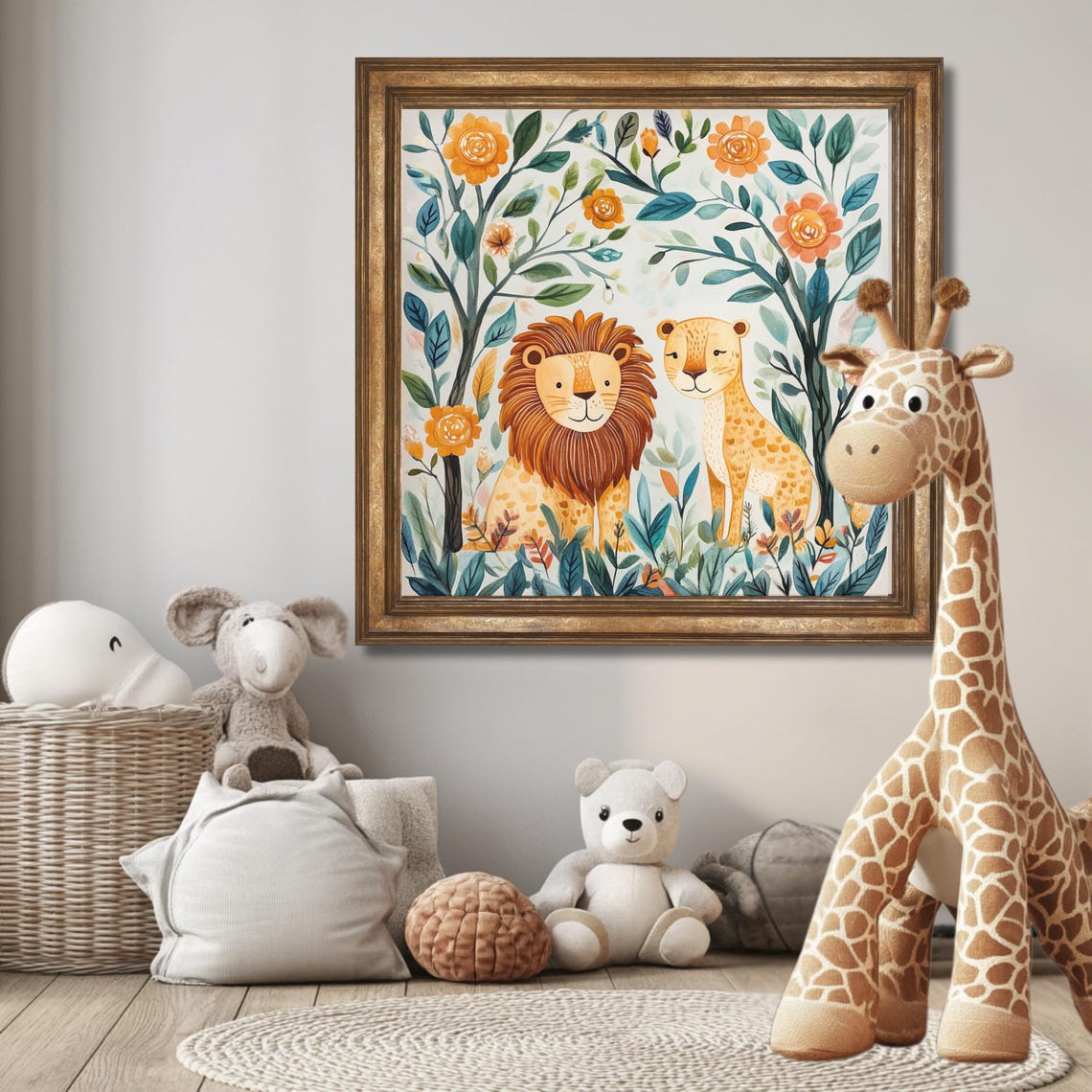 Whimsical Lion And Cub Floral Jungle Nursery Animal Art Wall Poster