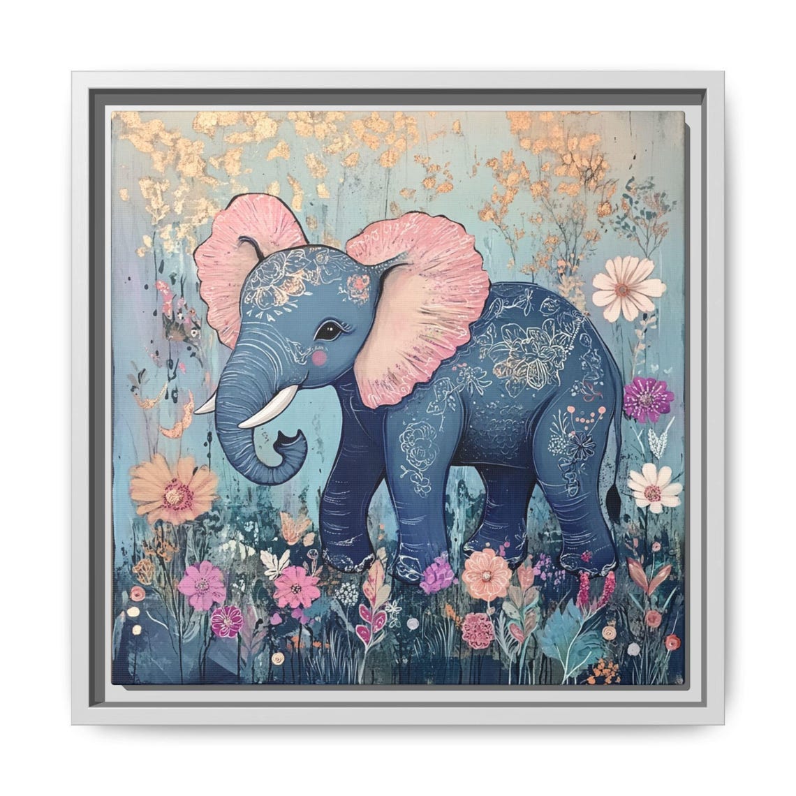 Blue Baby Elephant Pink Floral Ears Whimsical Nursery Poster