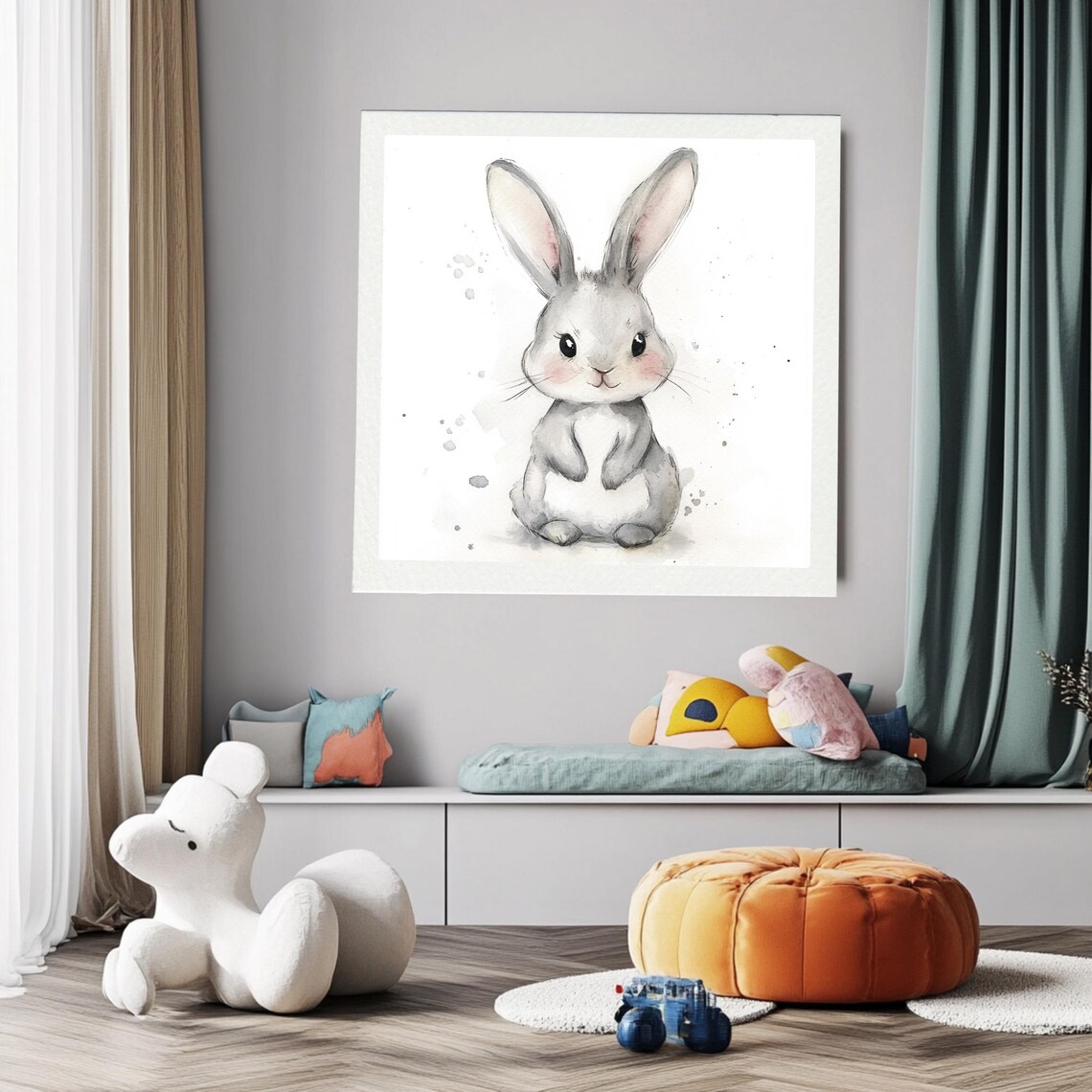 Cute Bunny Watercolor Animal Print, Nursery Decor