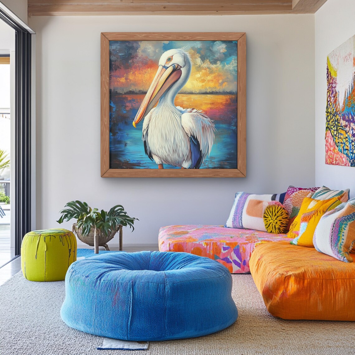 Abstract Pelican Art Print, Coastal Bird Painting