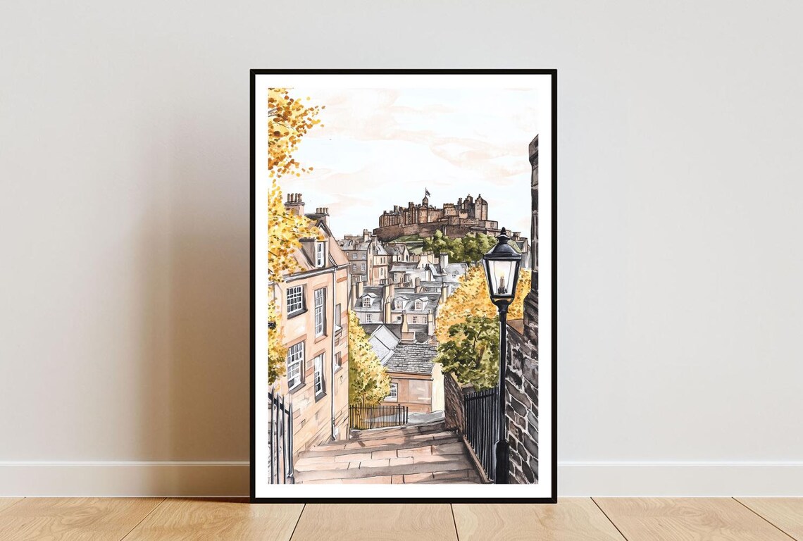 Edinburgh Castle Watercolor Golden Autumn Street Scene Art Poster
