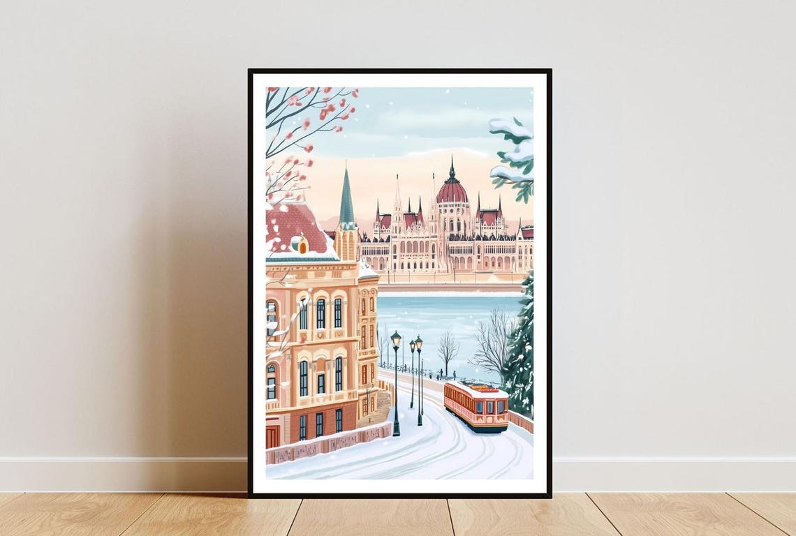 Budapest Winter Parliament Art Print Snowy Travel Wall Decor