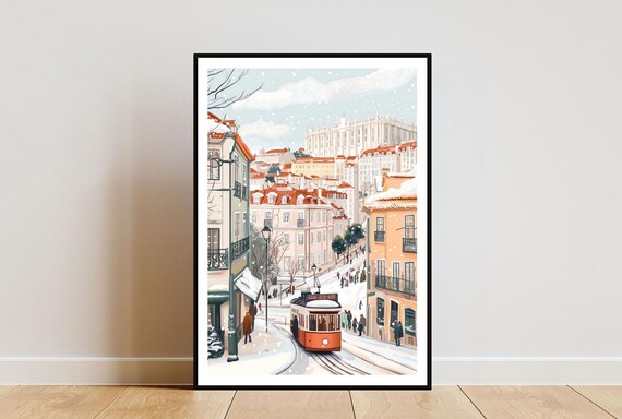 Lisbon Winter Tram Art Print Snowy Portugal Travel Wall Decor