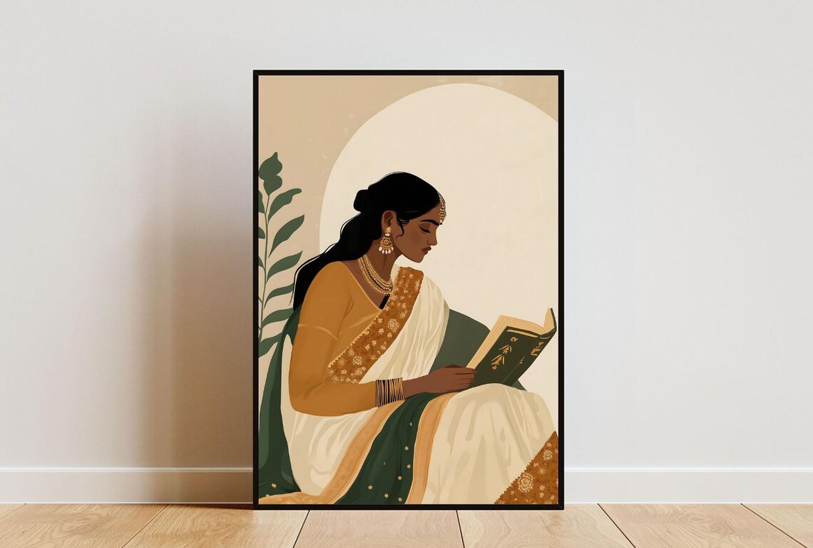 Indian Woman in Saree Reading Book Art Print
