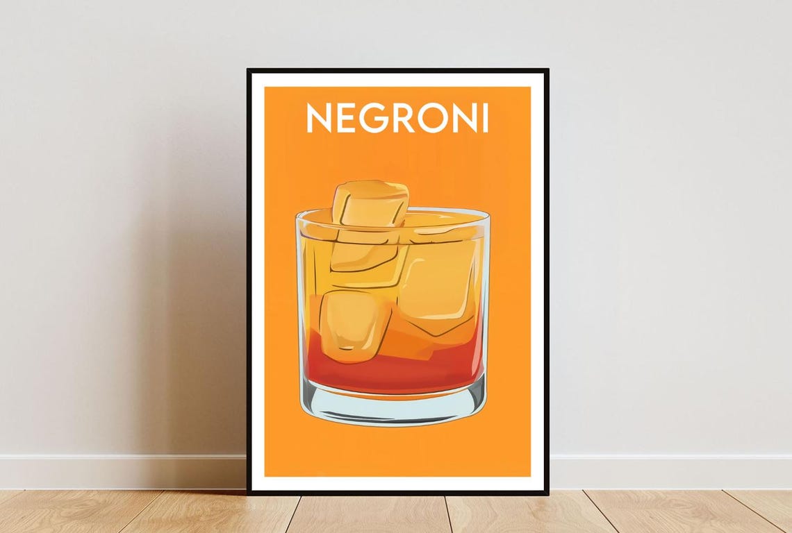 Negroni Cocktail Art Print Orange Bar Wall Decor Retro Style
