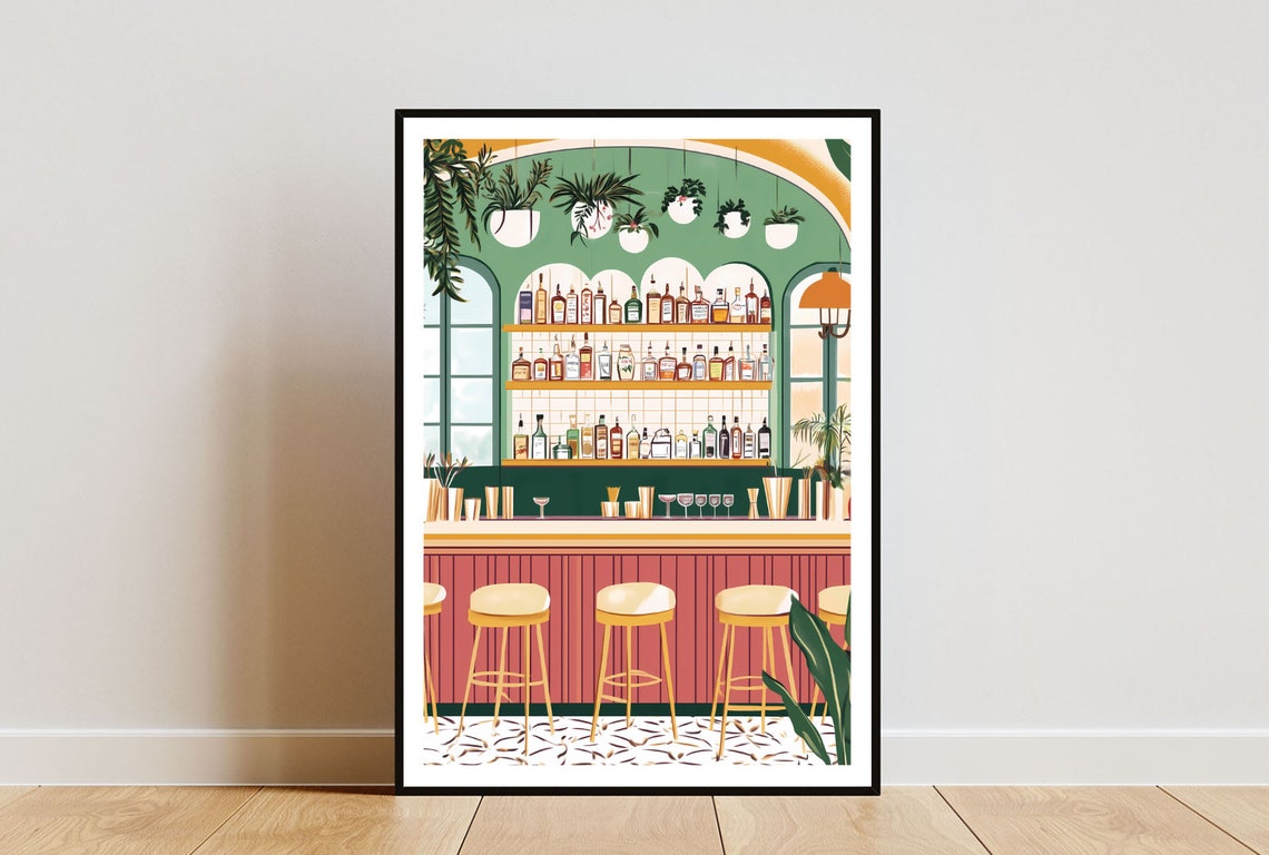 Retro Cocktail Bar with Coral Panels Plants and Bottle Shelf Poster