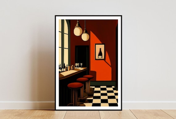 Retro Red Cocktail Bar with Checkered Floor and Red Stools Poster