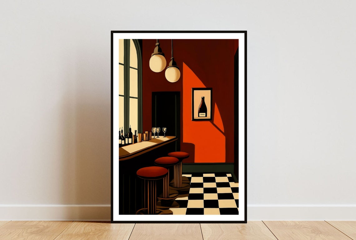 Retro Red Cocktail Bar with Checkered Floor and Red Stools Poster