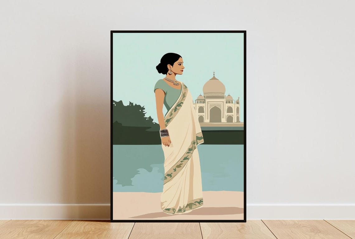 Indian Woman In Saree Print Indian Poster Indian Art Traditional Indian Art India Wall Art Desi Poster Taj Mahal Poster Agra Print