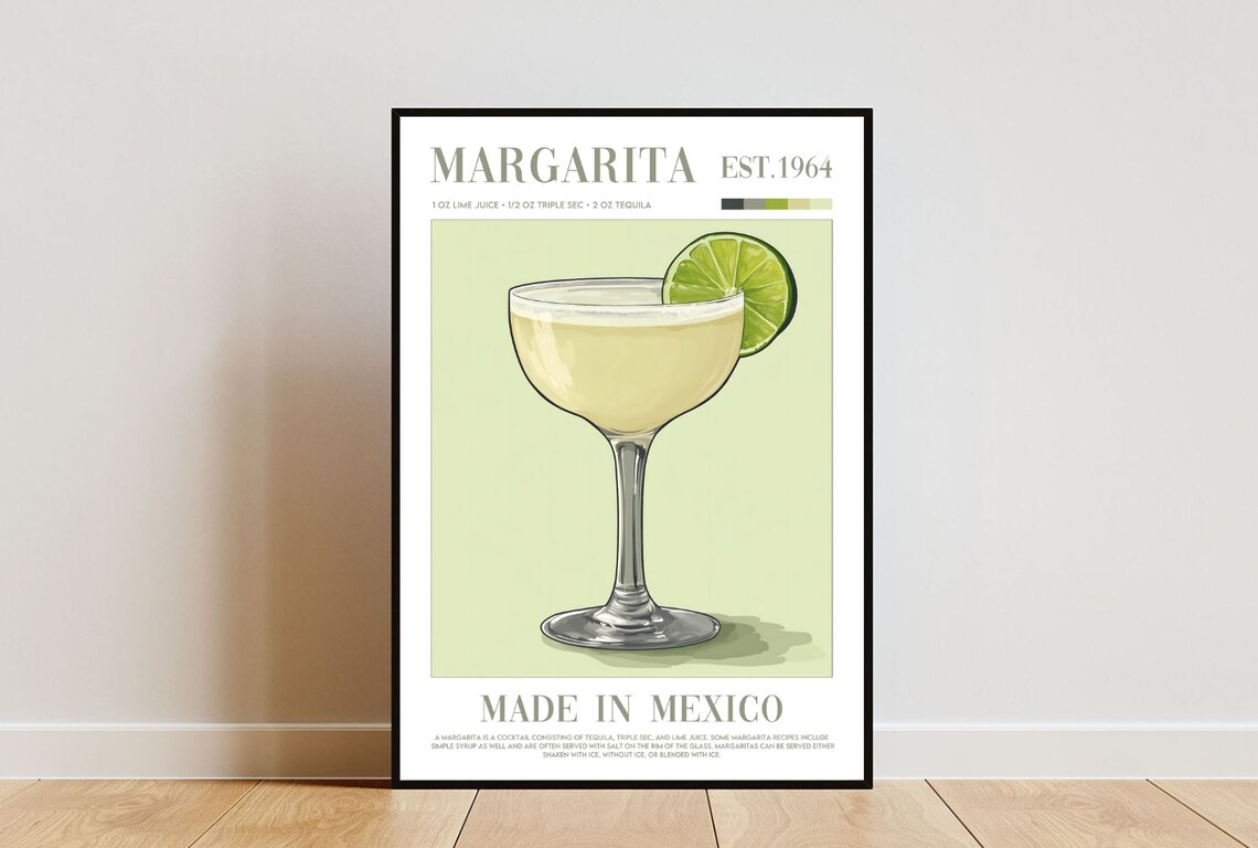 Margarita Cocktail Illustration Tequila Coupe Kitchen Bar Poster