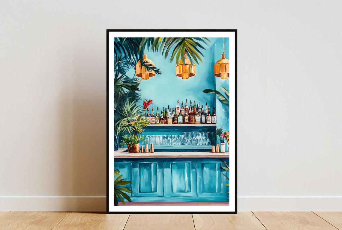 Teal Blue Cocktail Bar with Palm Leaves and Bottle Shelf Poster