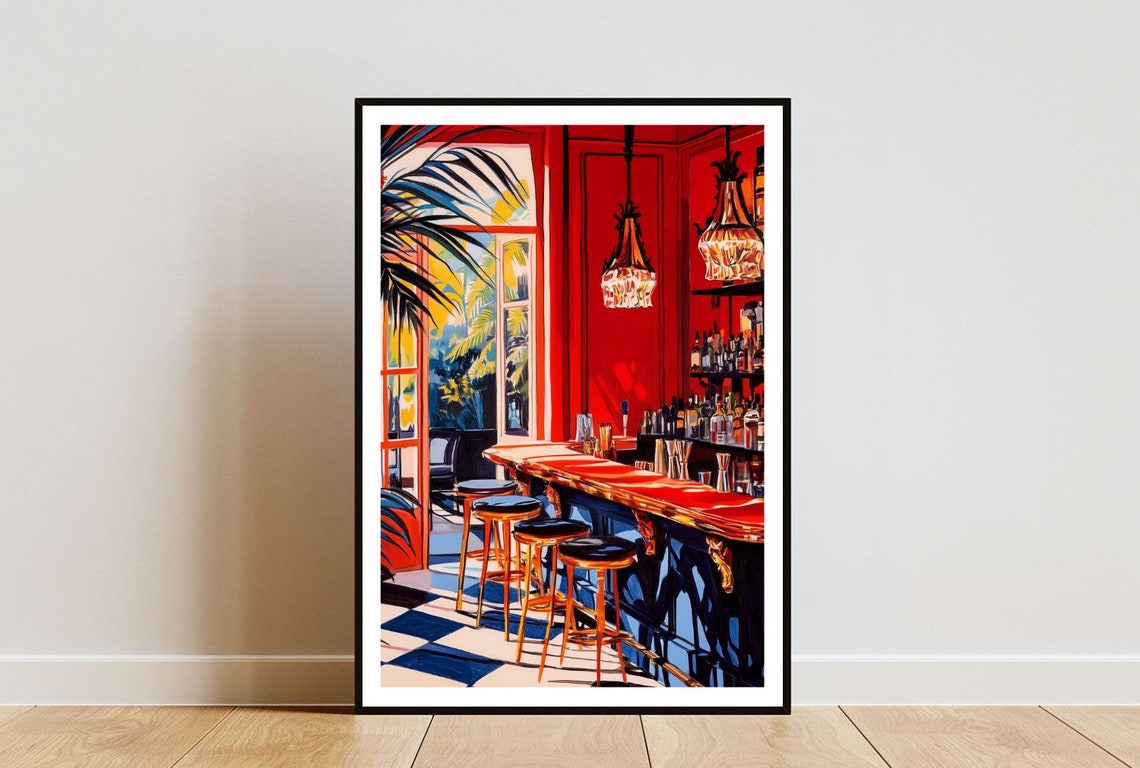 Red Retro Cocktail Bar Interior Lounge Illustration Art Poster