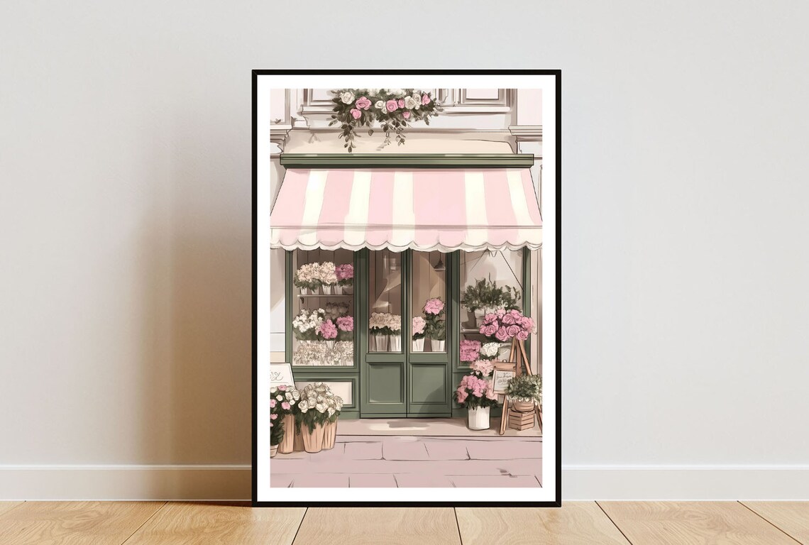 Florist Shop Front with Pink Striped Awning Roses Storefront Poster