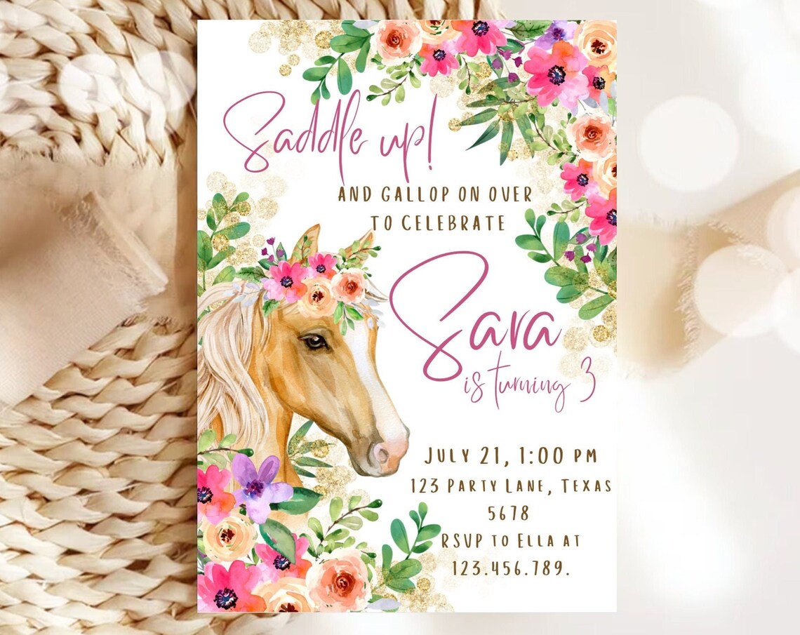 Saddle Up Horse Birthday Invitation Floral Cowgirl Party Invite Print