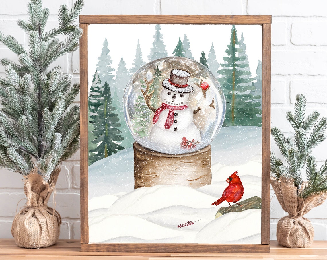 Snowman Snow Globe Winter Forest Red Cardinal Watercolor Poster