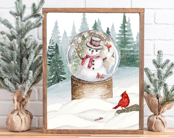 Snowman Snow Globe Winter Forest Red Cardinal Watercolor Poster