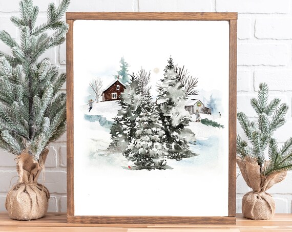 Charming Snowy Cabin Pond Skaters Winter Wonderland Watercolor Poster