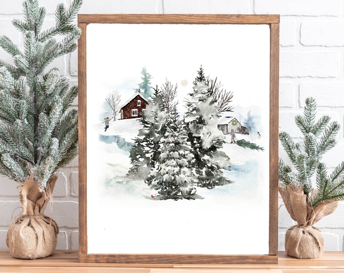 Charming Snowy Cabin Pond Skaters Winter Wonderland Watercolor Poster