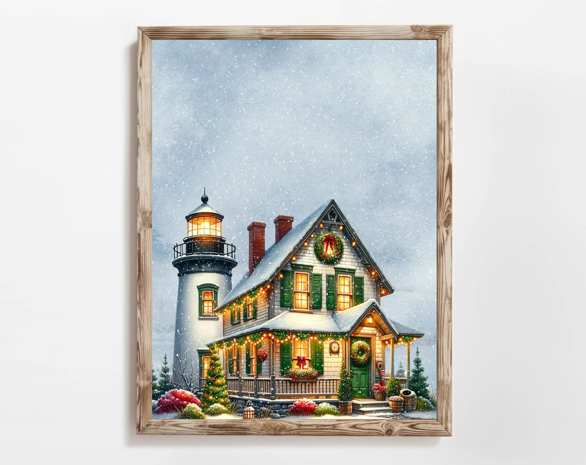 Winter Lighthouse Cottage Scene With Snow and Christmas Lights Poster - Image 2