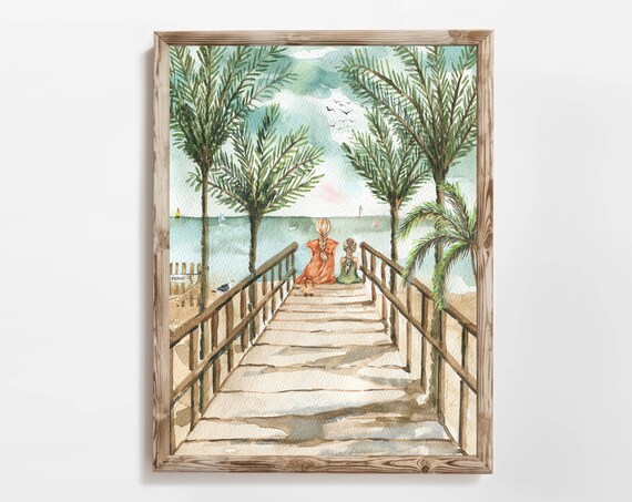 Girls On Boardwalk Palm Trees Beach Watercolor Seaside Wall Art
