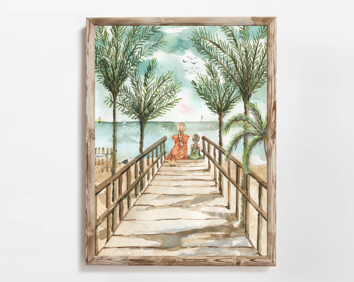 Girls On Boardwalk Palm Trees Beach Watercolor Seaside Wall Art