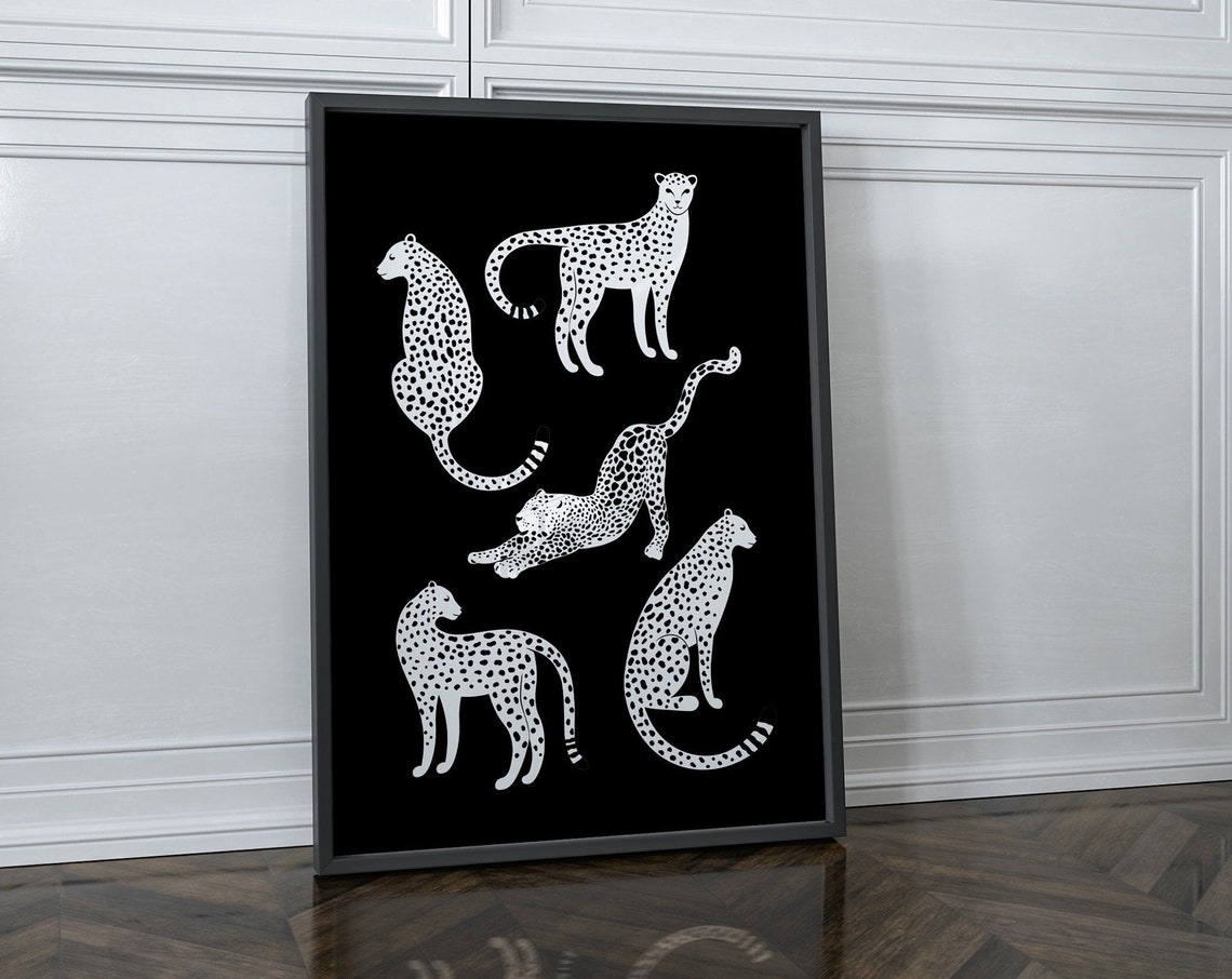 White Cheetah Illustrations On Black Maximalist Trendy Wall Art - Image 3