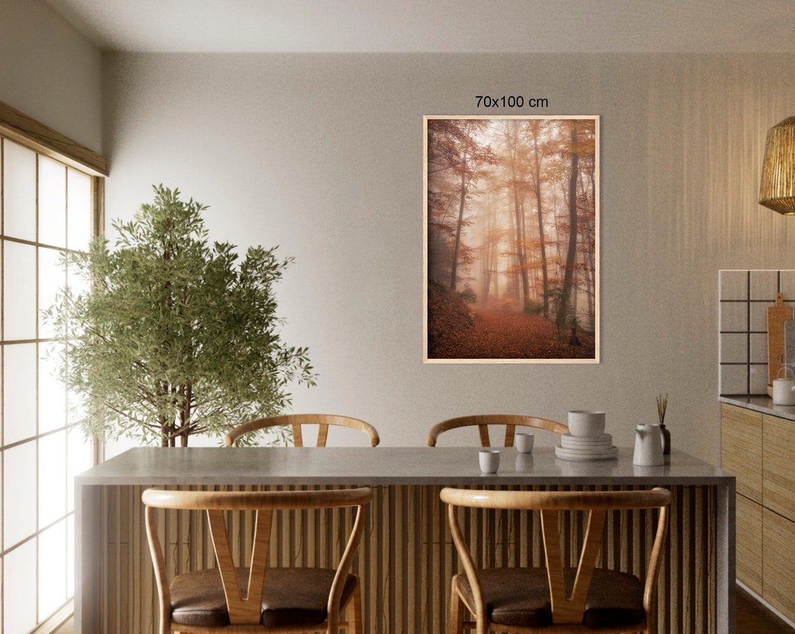 Golden Autumn Path Through Foggy Forest With Fallen Leaves Poster - Image 3