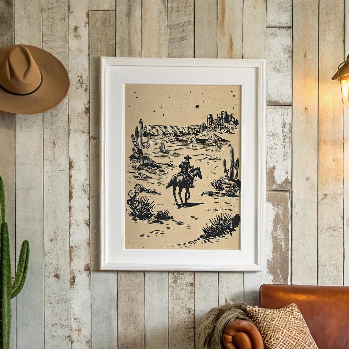 Cowboy Riding Horse Desert Night Stars Black Ink Western Art Poster