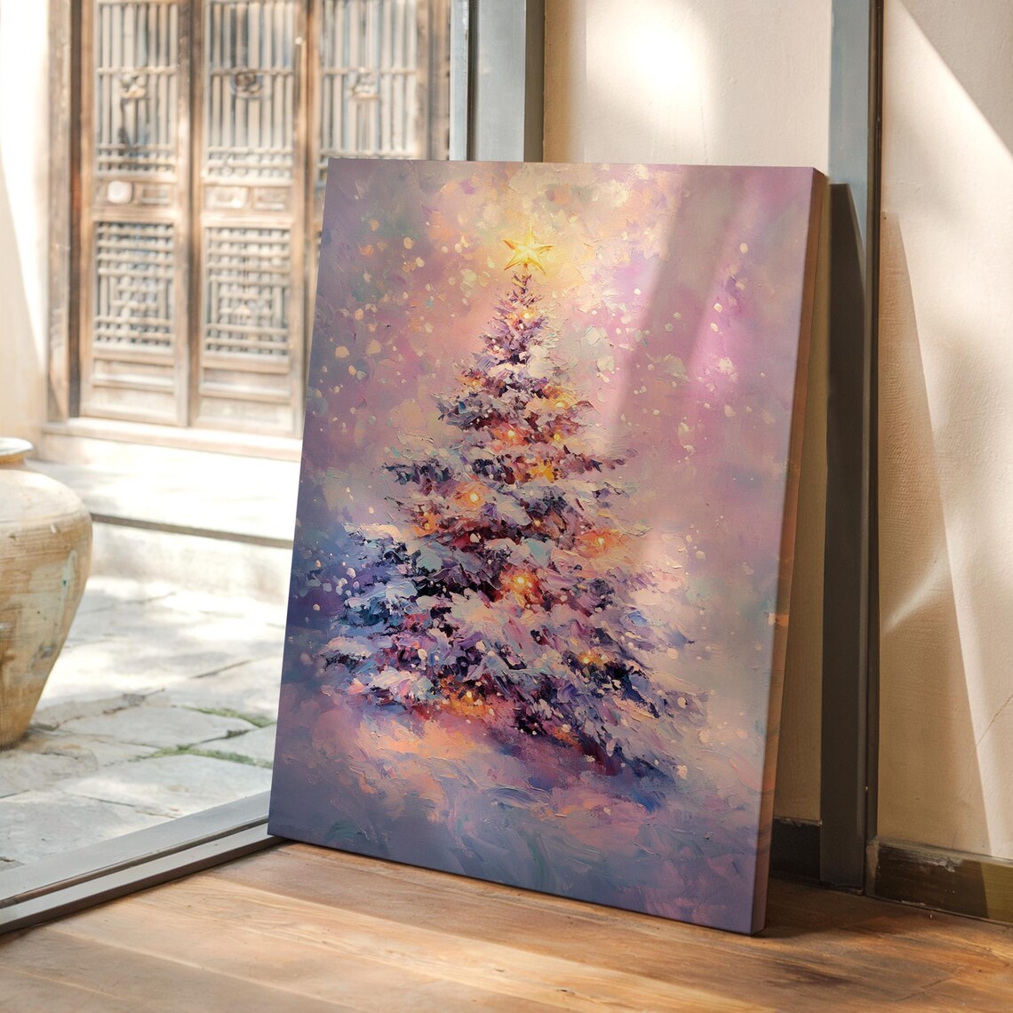 Snowy Christmas Tree With Glowing Star Pink Purple Winter Wonderland Poster