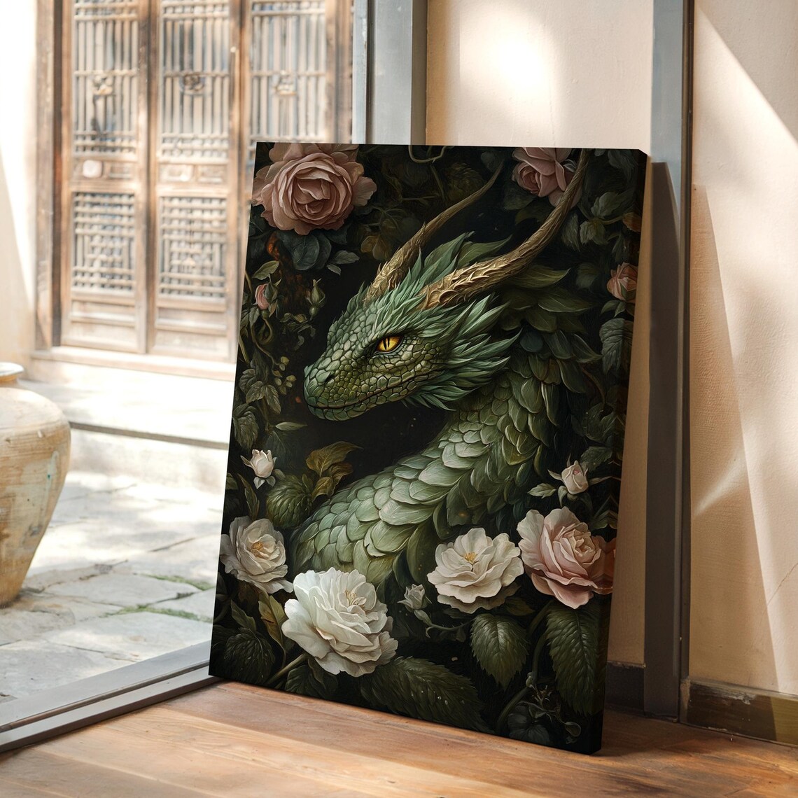 Emerald Dragon Coiled Among White Roses Golden Eye Mystical Fantasy Poster