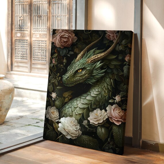 Majestic Green Dragon Wall Art With Elegant White Roses Fantasy Nature Inspired Home Decor For Dragon Enthusiasts