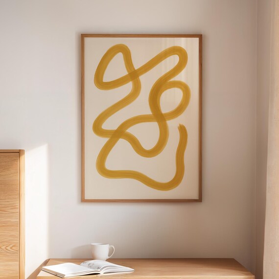 Mustard Yellow Abstract Line Canvas Art Minimalist Curvy Brushstroke Wall Decor Modern Neutral For Living Room Or Office