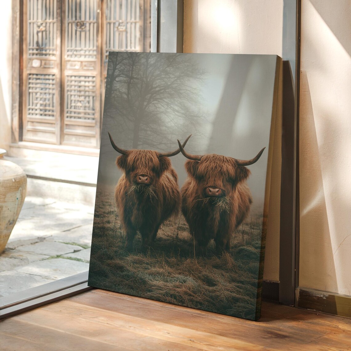 Pair Of Highland Cows Misty Morning Field Rustic Farmhouse Animal Poster