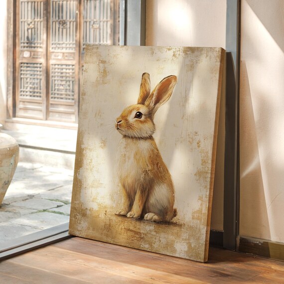 Realistic Brown Rabbit Portrait on Distressed Cream Canvas Poster