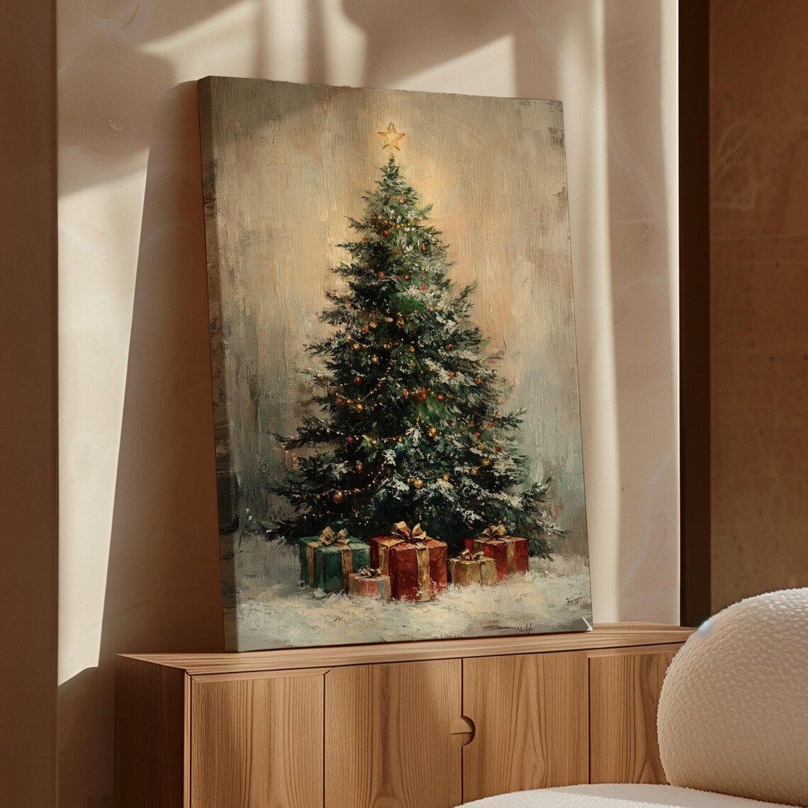 Snowy Christmas Tree Star Gifts Vintage Holiday Painting Poster
