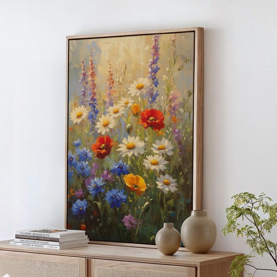 Colorful Wildflower Garden with Daisies Poppies and Blue Blooms Poster